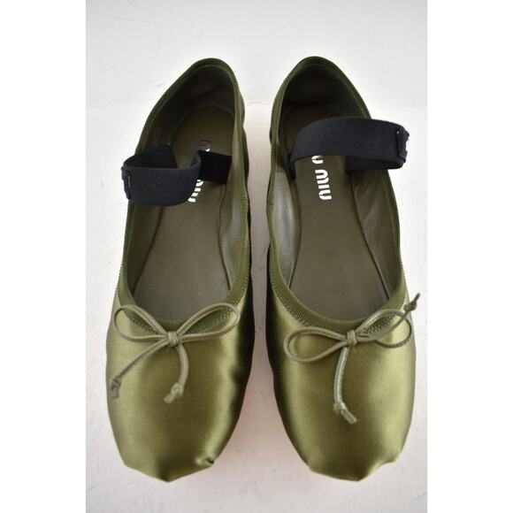 Miu Miu Satin Oliva Green Black White Logo Strap Ballet Ballerina Flats 39.5 - Picture 8 of 16